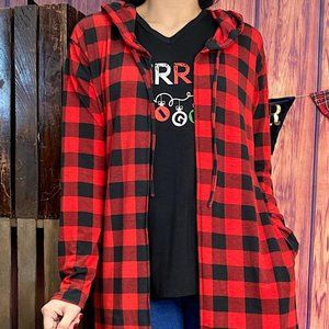 Buffalo plaid long body cardigan w/hoodie